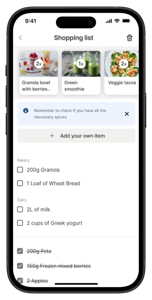 Shopping list in the coaching app