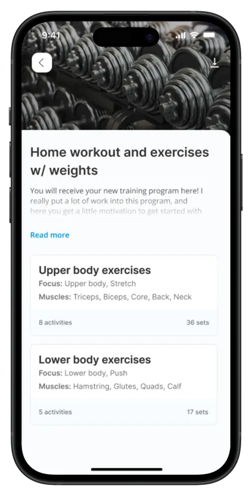 Workout plan in the coaching app